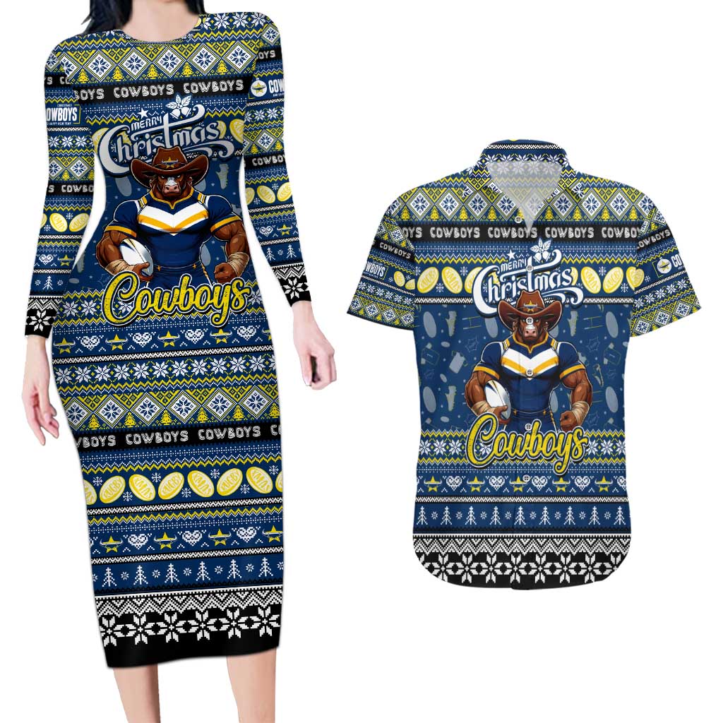 Personalized Cowboys Rugby Xmas Couples Matching Long Sleeve Bodycon Dress and Hawaiian Shirt Australia NRL Mascot