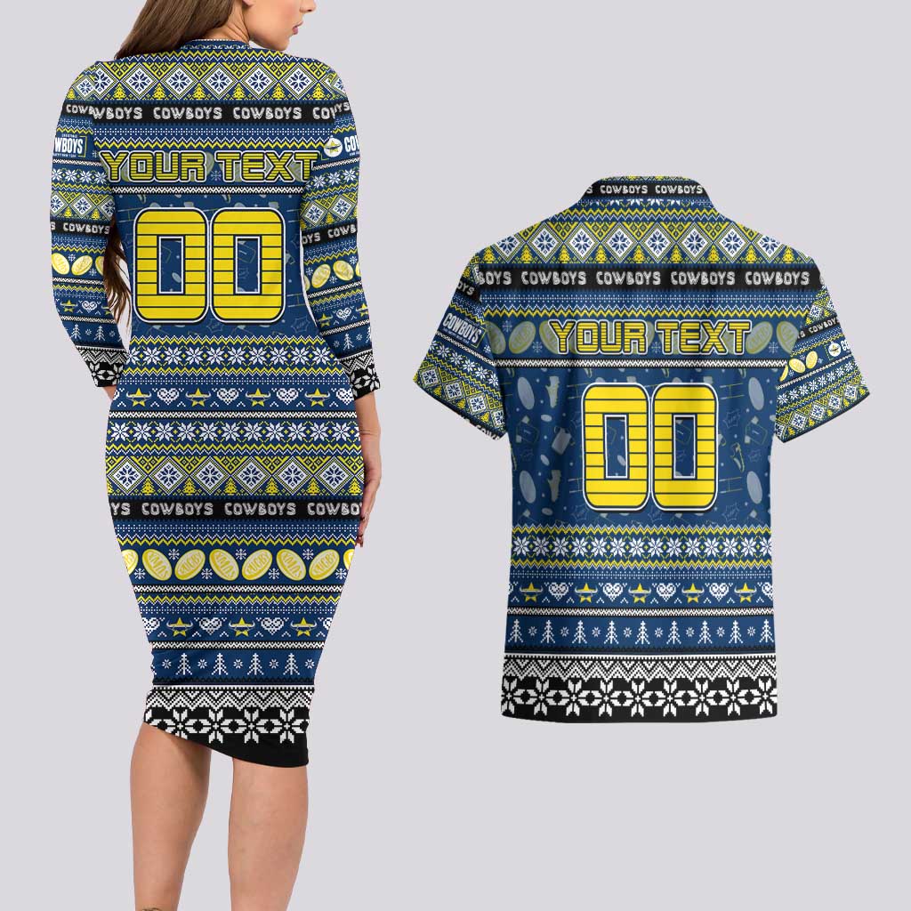 Personalized Cowboys Rugby Xmas Couples Matching Long Sleeve Bodycon Dress and Hawaiian Shirt Australia NRL Mascot