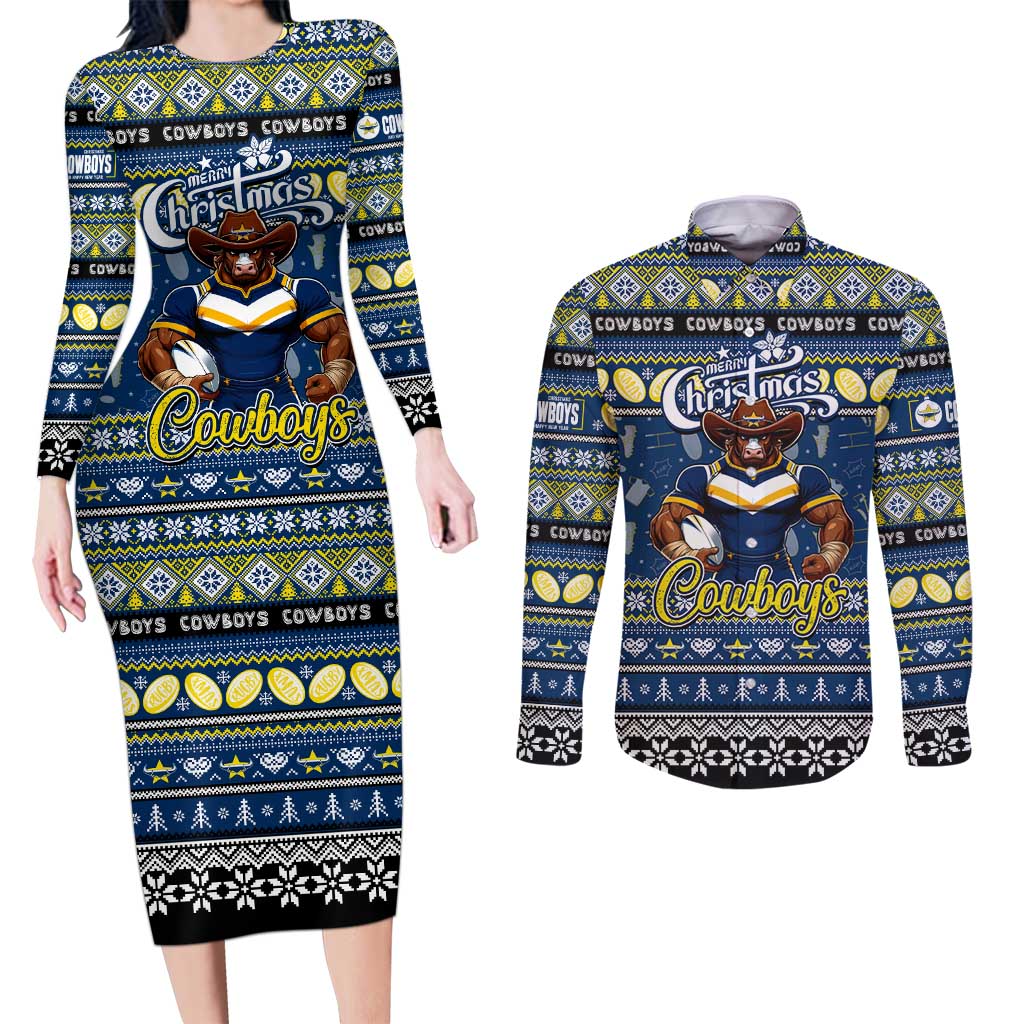 Personalized Cowboys Rugby Xmas Couples Matching Long Sleeve Bodycon Dress and Long Sleeve Button Shirt Australia NRL Mascot