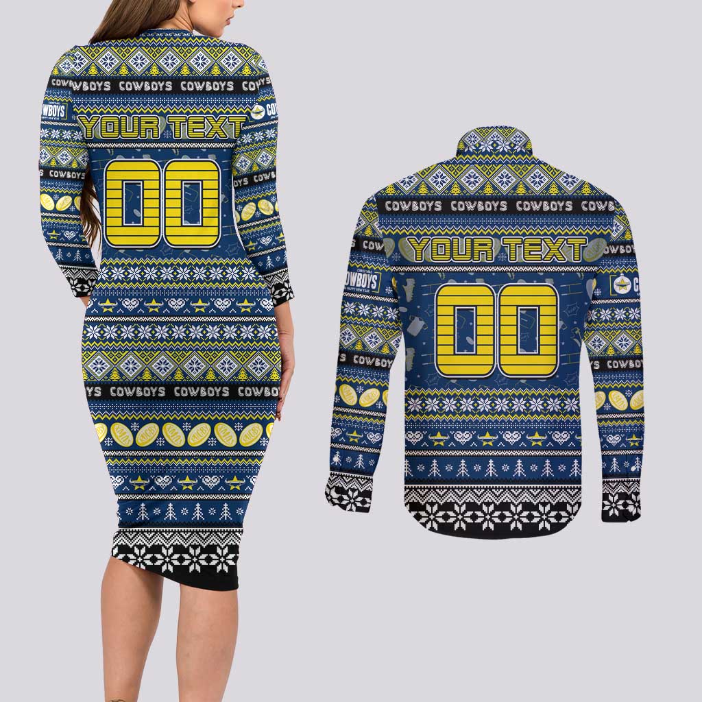 Personalized Cowboys Rugby Xmas Couples Matching Long Sleeve Bodycon Dress and Long Sleeve Button Shirt Australia NRL Mascot