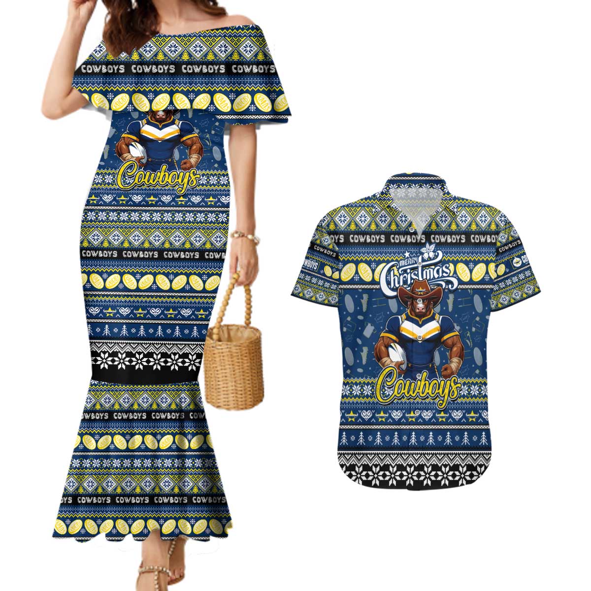 Personalized Cowboys Rugby Xmas Couples Matching Mermaid Dress and Hawaiian Shirt Australia NRL Mascot
