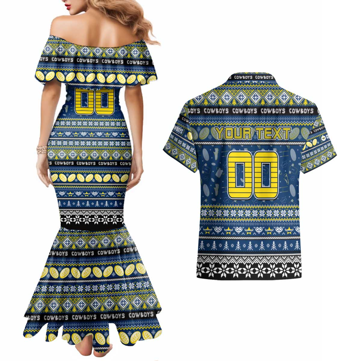 Personalized Cowboys Rugby Xmas Couples Matching Mermaid Dress and Hawaiian Shirt Australia NRL Mascot