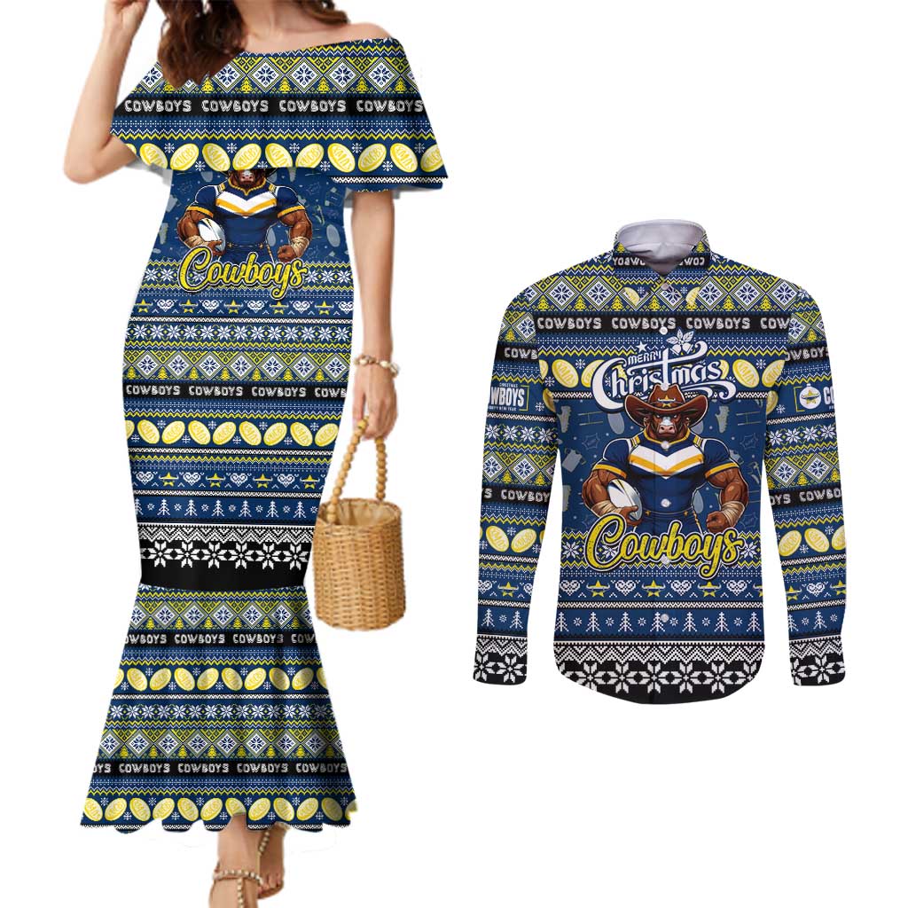 Personalized Cowboys Rugby Xmas Couples Matching Mermaid Dress and Long Sleeve Button Shirt Australia NRL Mascot
