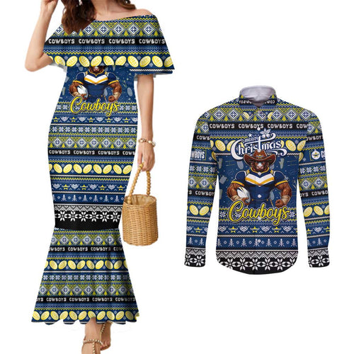 Personalized Cowboys Rugby Xmas Couples Matching Mermaid Dress and Long Sleeve Button Shirt Australia NRL Mascot
