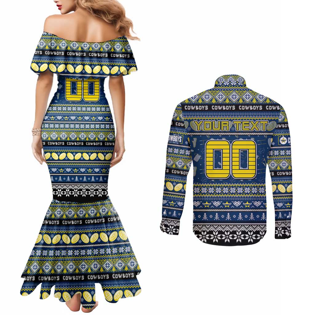 Personalized Cowboys Rugby Xmas Couples Matching Mermaid Dress and Long Sleeve Button Shirt Australia NRL Mascot