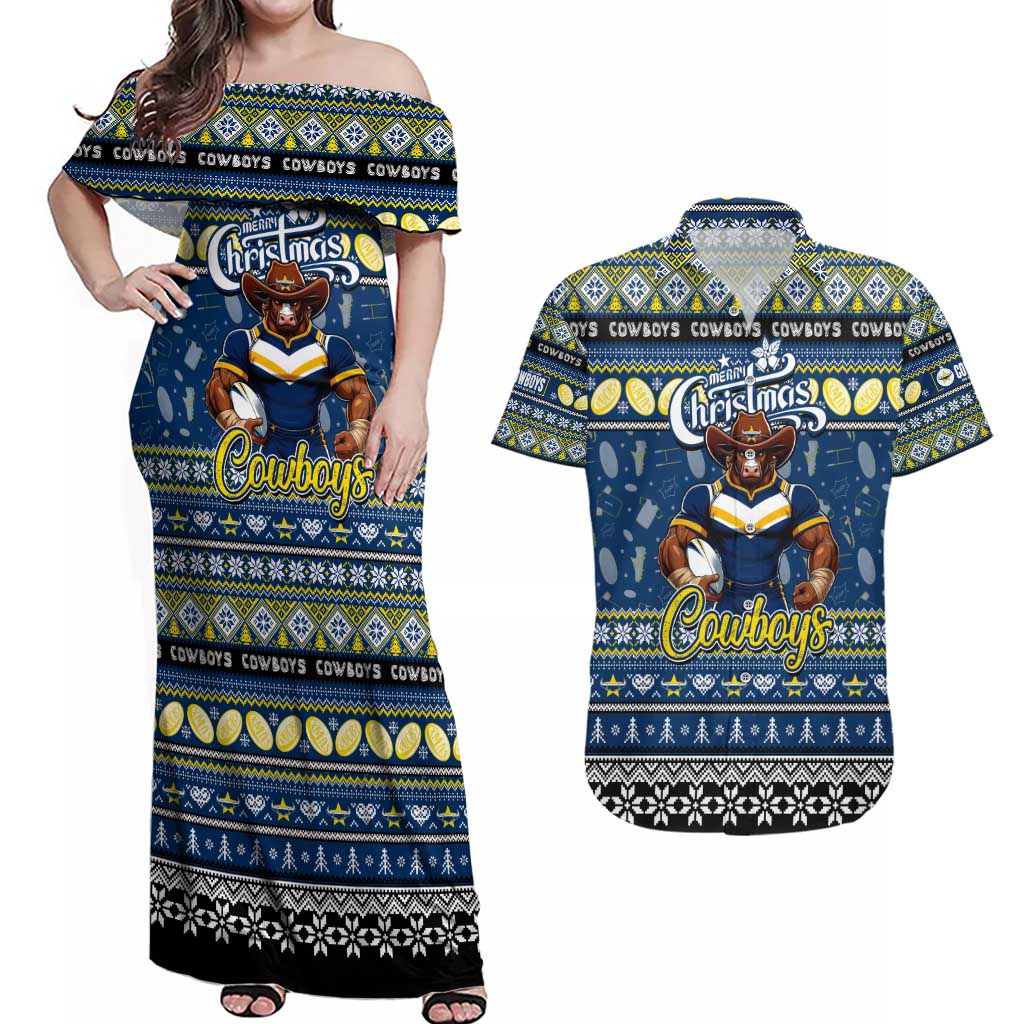 Personalized Cowboys Rugby Xmas Couples Matching Off Shoulder Maxi Dress and Hawaiian Shirt Australia NRL Mascot
