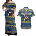 Personalized Cowboys Rugby Xmas Couples Matching Off Shoulder Maxi Dress and Hawaiian Shirt Australia NRL Mascot