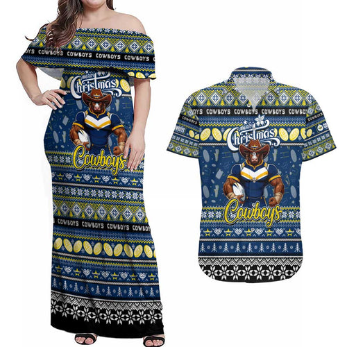 Personalized Cowboys Rugby Xmas Couples Matching Off Shoulder Maxi Dress and Hawaiian Shirt Australia NRL Mascot