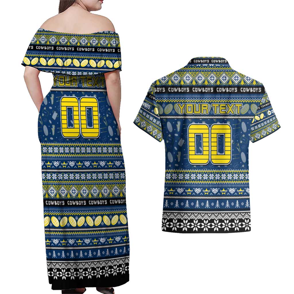 Personalized Cowboys Rugby Xmas Couples Matching Off Shoulder Maxi Dress and Hawaiian Shirt Australia NRL Mascot