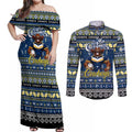 Personalized Cowboys Rugby Xmas Couples Matching Off Shoulder Maxi Dress and Long Sleeve Button Shirt Australia NRL Mascot