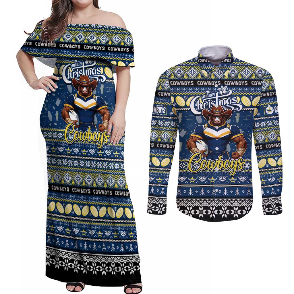 Personalized Cowboys Rugby Xmas Couples Matching Off Shoulder Maxi Dress and Long Sleeve Button Shirt Australia NRL Mascot