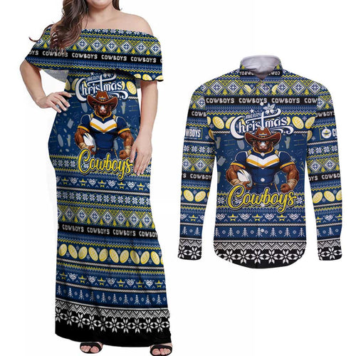 Personalized Cowboys Rugby Xmas Couples Matching Off Shoulder Maxi Dress and Long Sleeve Button Shirt Australia NRL Mascot