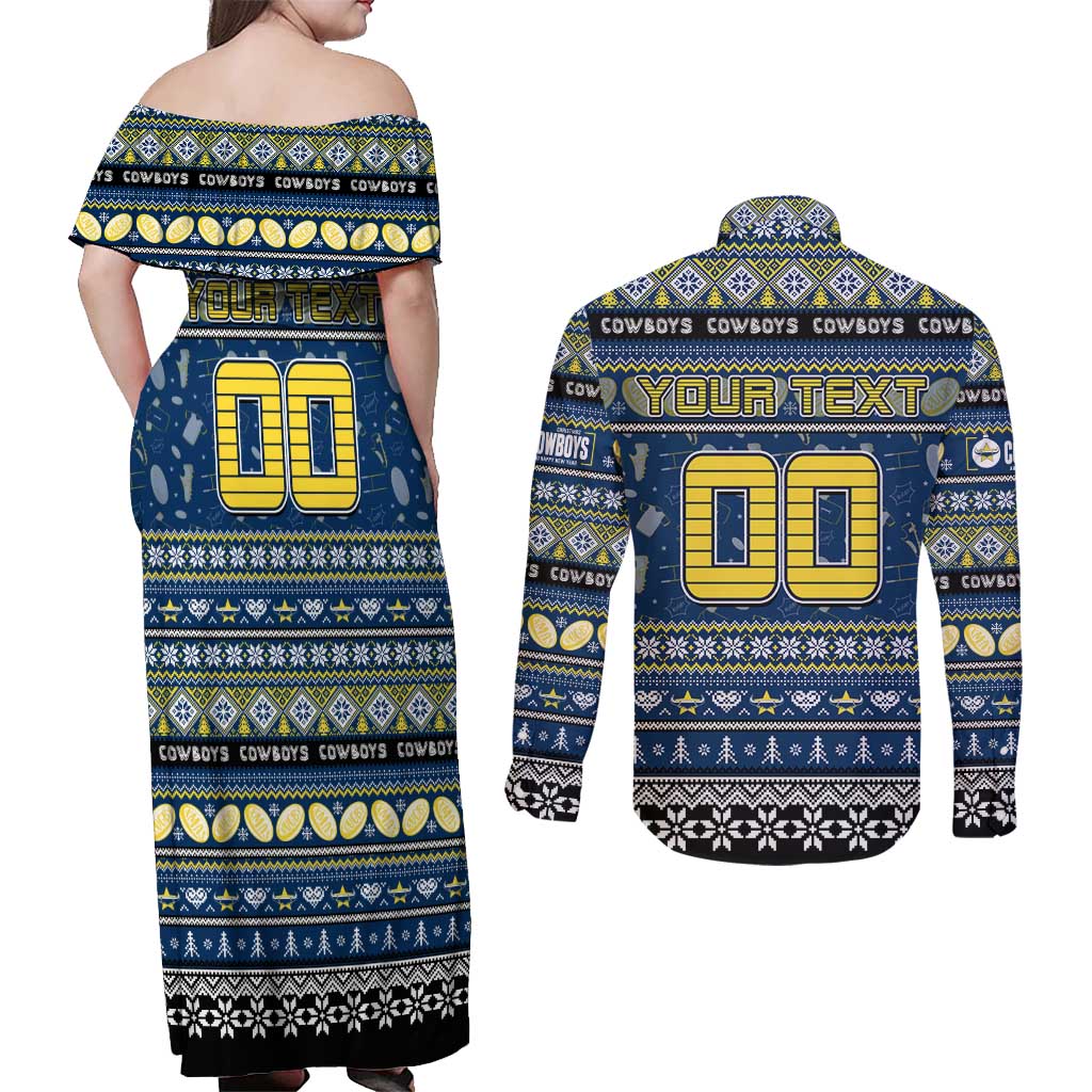 Personalized Cowboys Rugby Xmas Couples Matching Off Shoulder Maxi Dress and Long Sleeve Button Shirt Australia NRL Mascot
