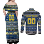 Personalized Cowboys Rugby Xmas Couples Matching Off Shoulder Maxi Dress and Long Sleeve Button Shirt Australia NRL Mascot