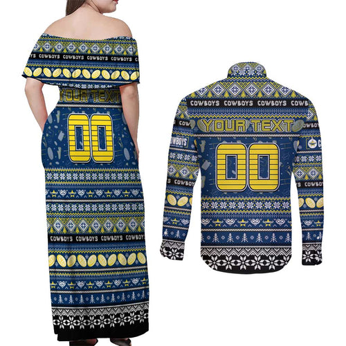 Personalized Cowboys Rugby Xmas Couples Matching Off Shoulder Maxi Dress and Long Sleeve Button Shirt Australia NRL Mascot