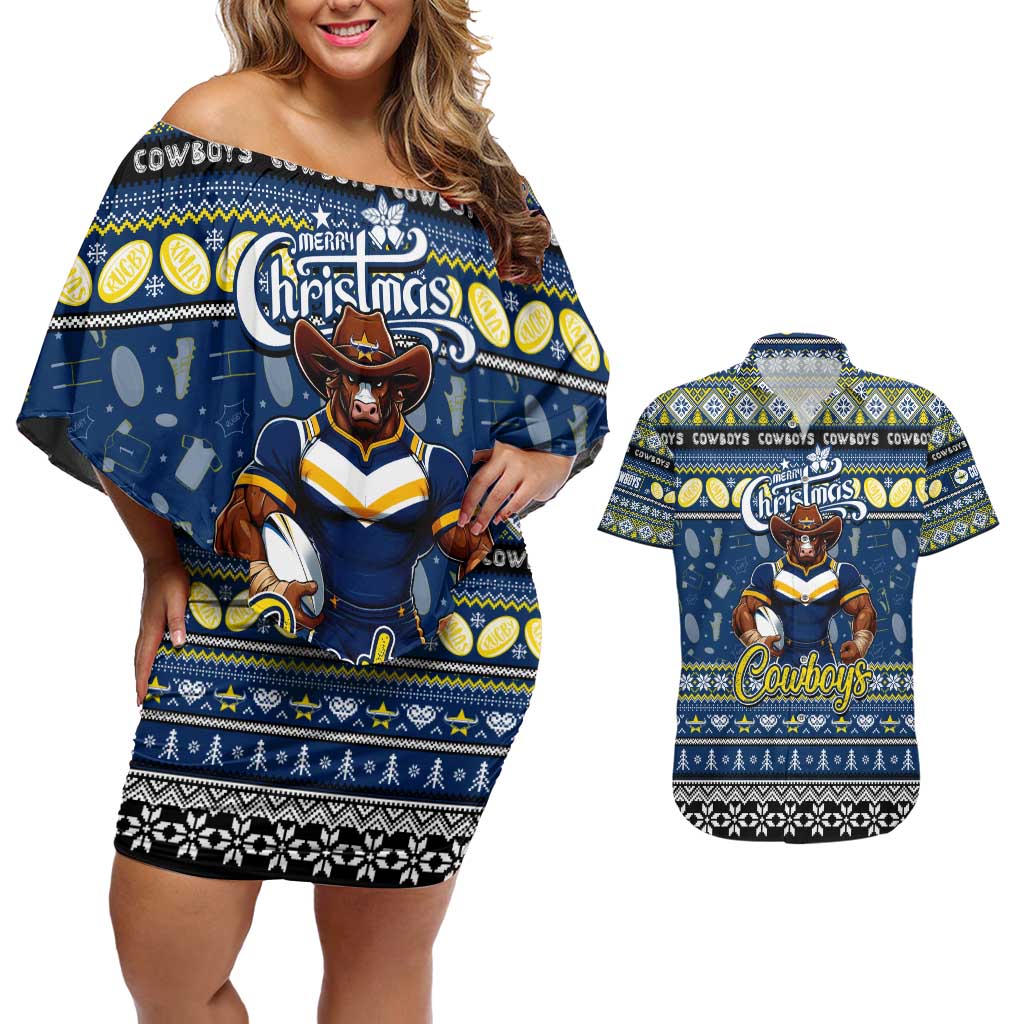 Personalized Cowboys Rugby Xmas Couples Matching Off Shoulder Short Dress and Hawaiian Shirt Australia NRL Mascot