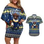 Personalized Cowboys Rugby Xmas Couples Matching Off Shoulder Short Dress and Hawaiian Shirt Australia NRL Mascot