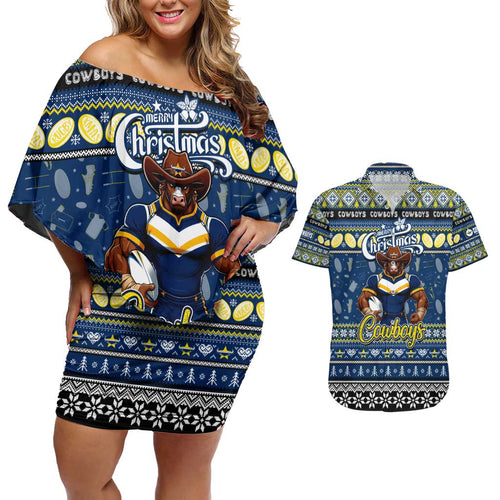 Personalized Cowboys Rugby Xmas Couples Matching Off Shoulder Short Dress and Hawaiian Shirt Australia NRL Mascot