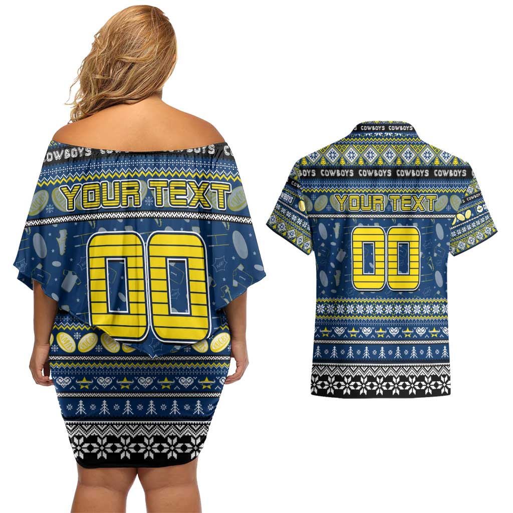 Personalized Cowboys Rugby Xmas Couples Matching Off Shoulder Short Dress and Hawaiian Shirt Australia NRL Mascot