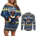 Personalized Cowboys Rugby Xmas Couples Matching Off Shoulder Short Dress and Long Sleeve Button Shirt Australia NRL Mascot