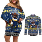 Personalized Cowboys Rugby Xmas Couples Matching Off Shoulder Short Dress and Long Sleeve Button Shirt Australia NRL Mascot