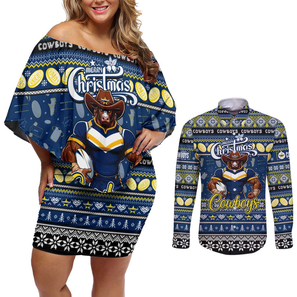 Personalized Cowboys Rugby Xmas Couples Matching Off Shoulder Short Dress and Long Sleeve Button Shirt Australia NRL Mascot