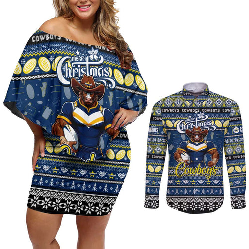 Personalized Cowboys Rugby Xmas Couples Matching Off Shoulder Short Dress and Long Sleeve Button Shirt Australia NRL Mascot