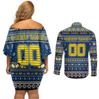 Personalized Cowboys Rugby Xmas Couples Matching Off Shoulder Short Dress and Long Sleeve Button Shirt Australia NRL Mascot