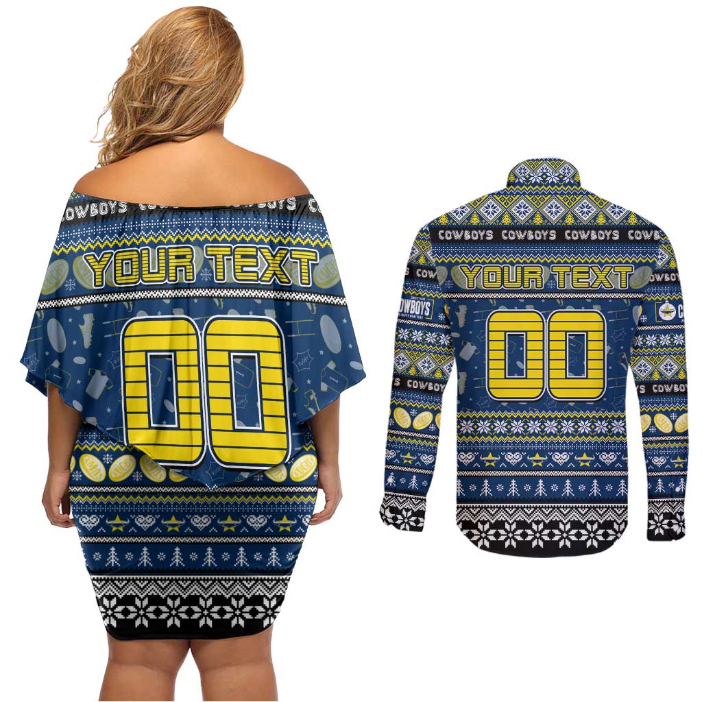 Personalized Cowboys Rugby Xmas Couples Matching Off Shoulder Short Dress and Long Sleeve Button Shirt Australia NRL Mascot