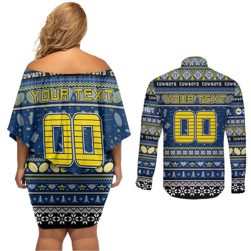 Personalized Cowboys Rugby Xmas Couples Matching Off Shoulder Short Dress and Long Sleeve Button Shirt Australia NRL Mascot