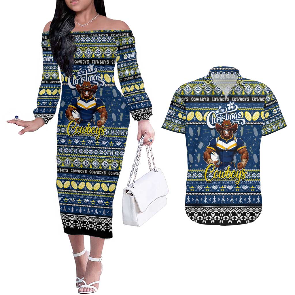 Personalized Cowboys Rugby Xmas Couples Matching Off The Shoulder Long Sleeve Dress and Hawaiian Shirt Australia NRL Mascot