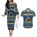 Personalized Cowboys Rugby Xmas Couples Matching Off The Shoulder Long Sleeve Dress and Hawaiian Shirt Australia NRL Mascot