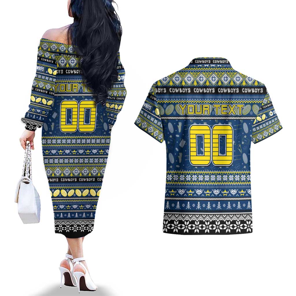 Personalized Cowboys Rugby Xmas Couples Matching Off The Shoulder Long Sleeve Dress and Hawaiian Shirt Australia NRL Mascot