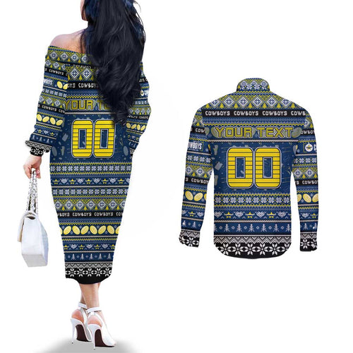 Personalized Cowboys Rugby Xmas Couples Matching Off The Shoulder Long Sleeve Dress and Long Sleeve Button Shirt Australia NRL Mascot