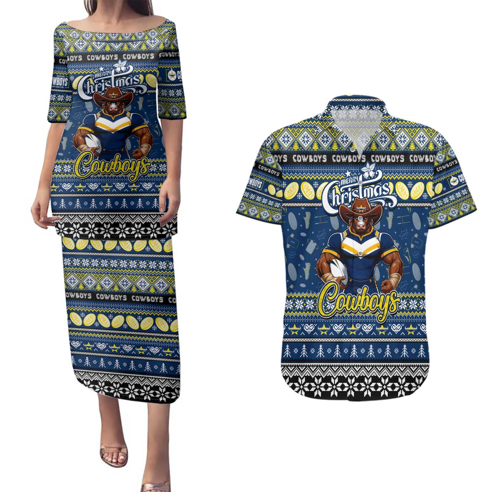 Personalized Cowboys Rugby Xmas Couples Matching Puletasi and Hawaiian Shirt Australia NRL Mascot