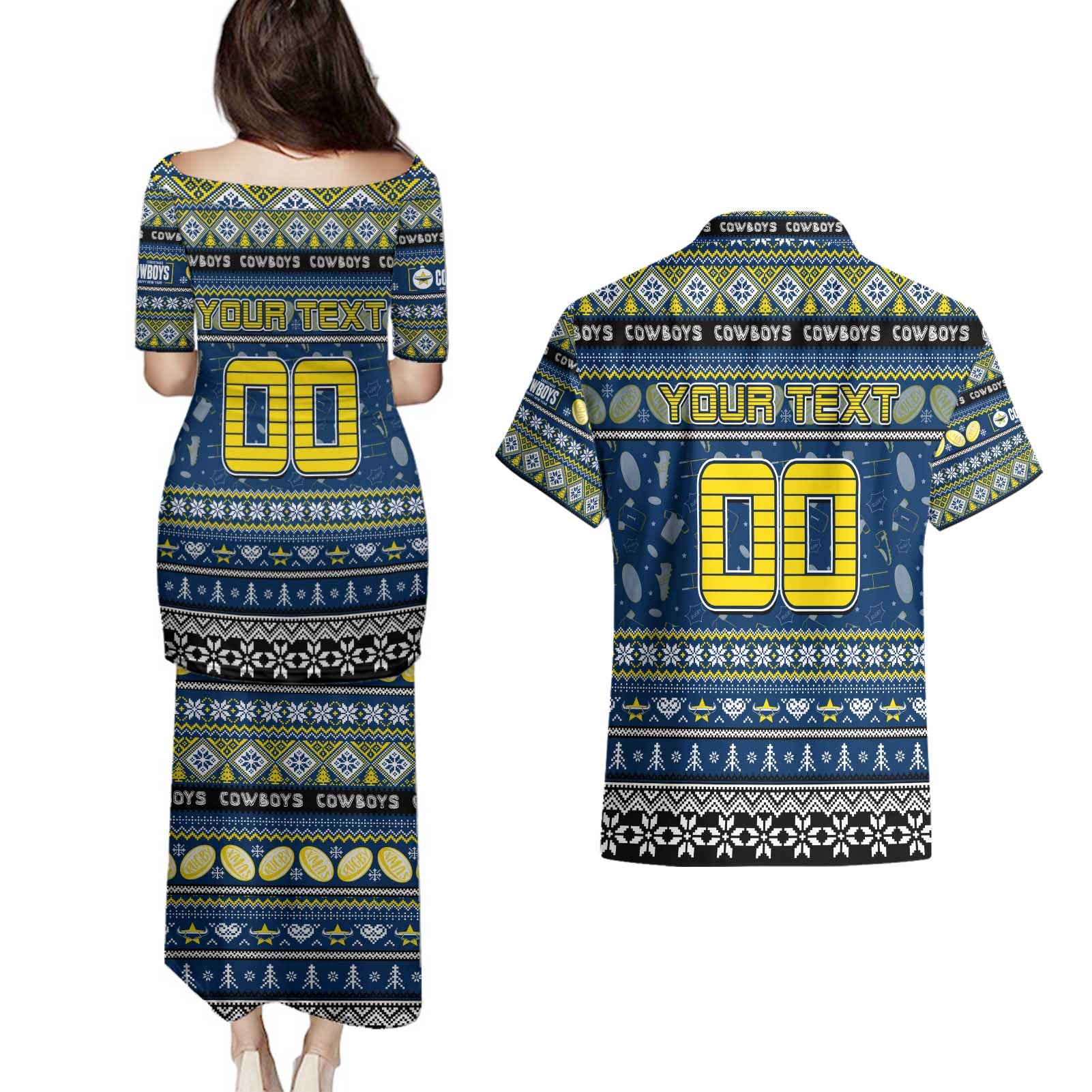 Personalized Cowboys Rugby Xmas Couples Matching Puletasi and Hawaiian Shirt Australia NRL Mascot