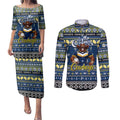 Personalized Cowboys Rugby Xmas Couples Matching Puletasi and Long Sleeve Button Shirt Australia NRL Mascot