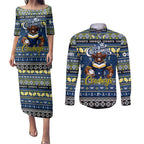 Personalized Cowboys Rugby Xmas Couples Matching Puletasi and Long Sleeve Button Shirt Australia NRL Mascot