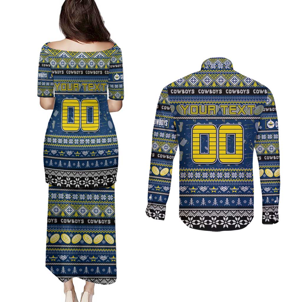 Personalized Cowboys Rugby Xmas Couples Matching Puletasi and Long Sleeve Button Shirt Australia NRL Mascot