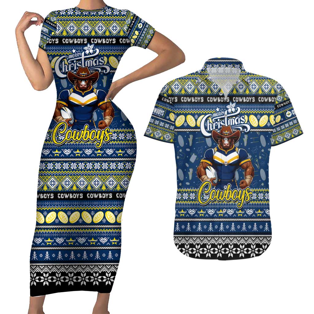 Personalized Cowboys Rugby Xmas Couples Matching Short Sleeve Bodycon Dress and Hawaiian Shirt Australia NRL Mascot