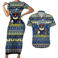 Personalized Cowboys Rugby Xmas Couples Matching Short Sleeve Bodycon Dress and Hawaiian Shirt Australia NRL Mascot