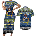 Personalized Cowboys Rugby Xmas Couples Matching Short Sleeve Bodycon Dress and Hawaiian Shirt Australia NRL Mascot