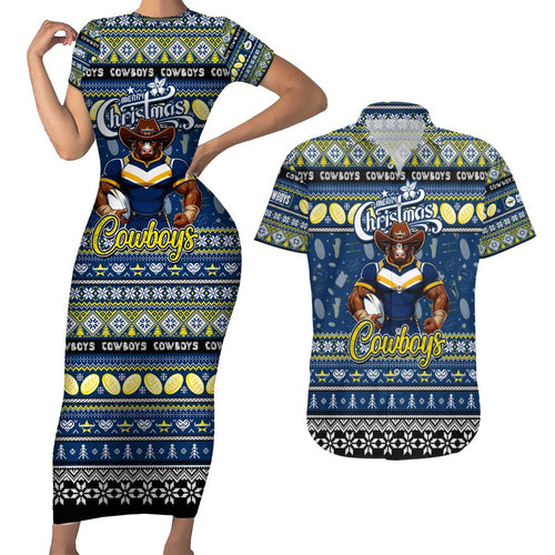 Personalized Cowboys Rugby Xmas Couples Matching Short Sleeve Bodycon Dress and Hawaiian Shirt Australia NRL Mascot