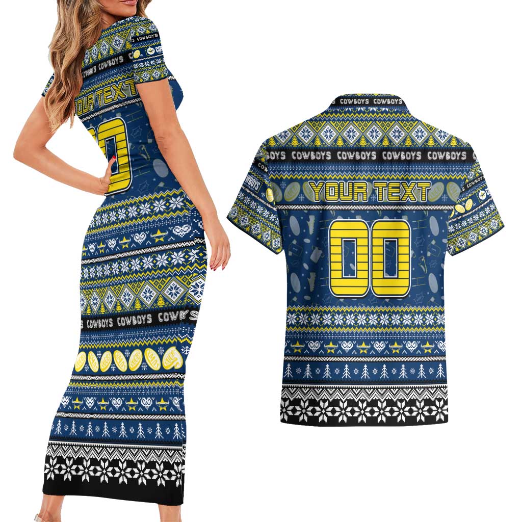 Personalized Cowboys Rugby Xmas Couples Matching Short Sleeve Bodycon Dress and Hawaiian Shirt Australia NRL Mascot