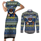 Personalized Cowboys Rugby Xmas Couples Matching Short Sleeve Bodycon Dress and Long Sleeve Button Shirt Australia NRL Mascot