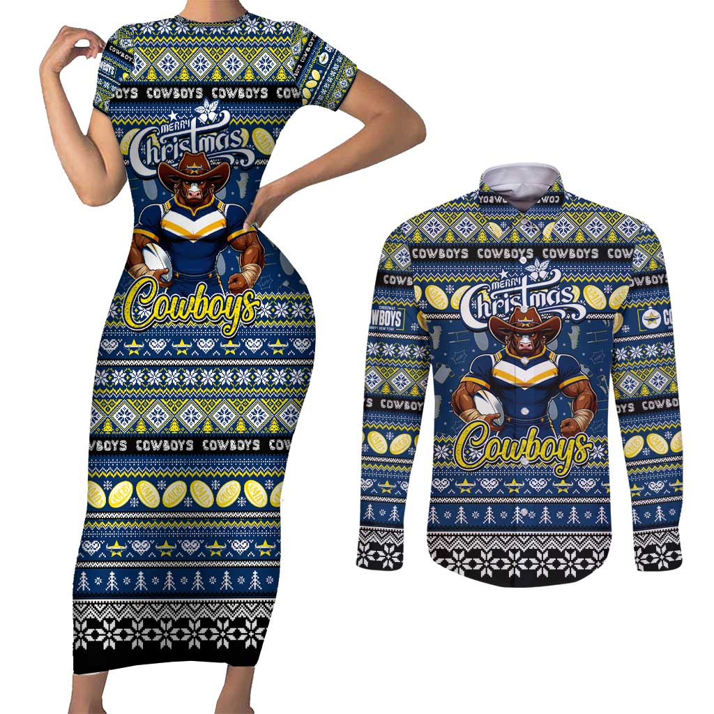 Personalized Cowboys Rugby Xmas Couples Matching Short Sleeve Bodycon Dress and Long Sleeve Button Shirt Australia NRL Mascot