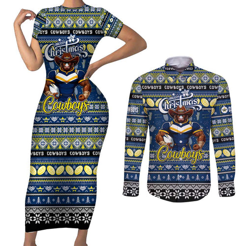 Personalized Cowboys Rugby Xmas Couples Matching Short Sleeve Bodycon Dress and Long Sleeve Button Shirt Australia NRL Mascot
