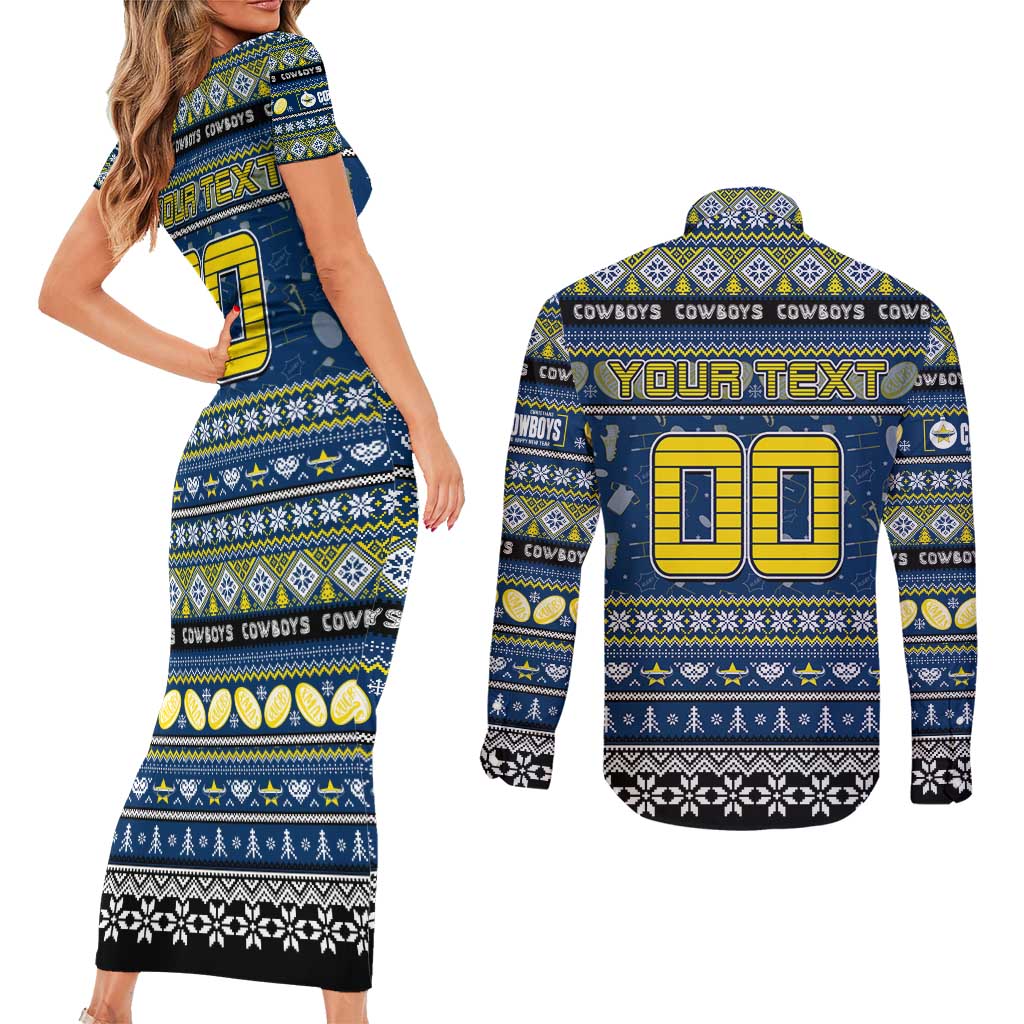 Personalized Cowboys Rugby Xmas Couples Matching Short Sleeve Bodycon Dress and Long Sleeve Button Shirt Australia NRL Mascot