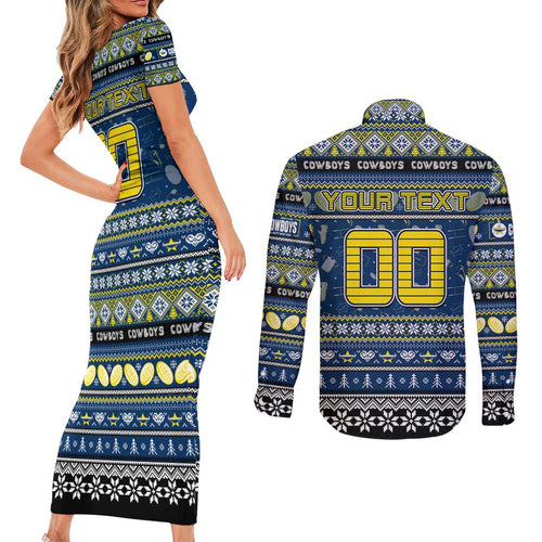 Personalized Cowboys Rugby Xmas Couples Matching Short Sleeve Bodycon Dress and Long Sleeve Button Shirt Australia NRL Mascot