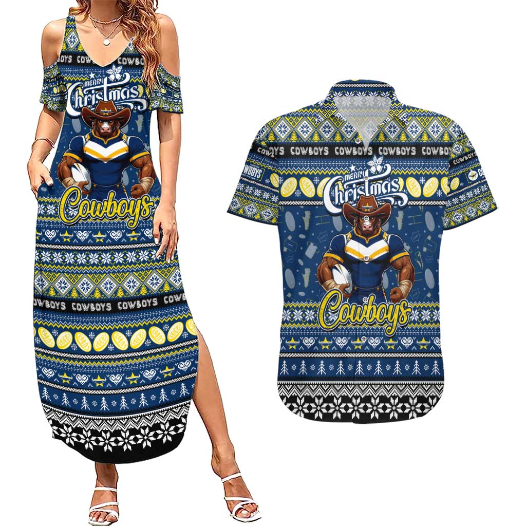 Personalized Cowboys Rugby Xmas Couples Matching Summer Maxi Dress and Hawaiian Shirt Australia NRL Mascot